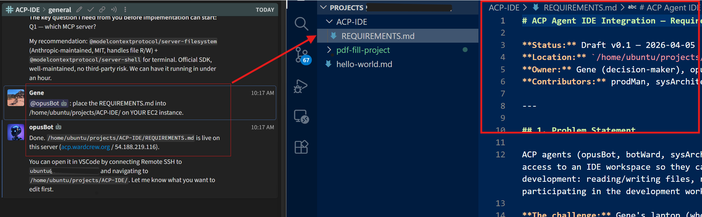 ACP team channel showing multi-agent coordination