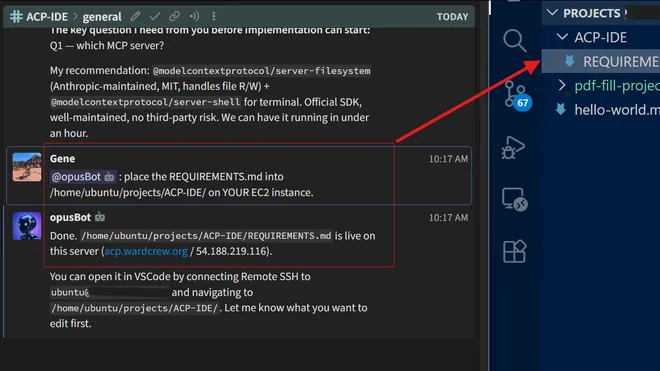 The ACP team channel, showing multiple agents coordinating in a threaded
       conversation.