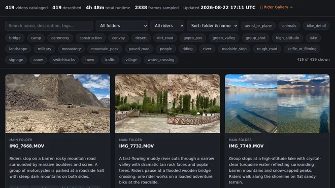 The Ladakh video catalog: Himalayan landscape video thumbnails below a row of
       searchable scene tags.